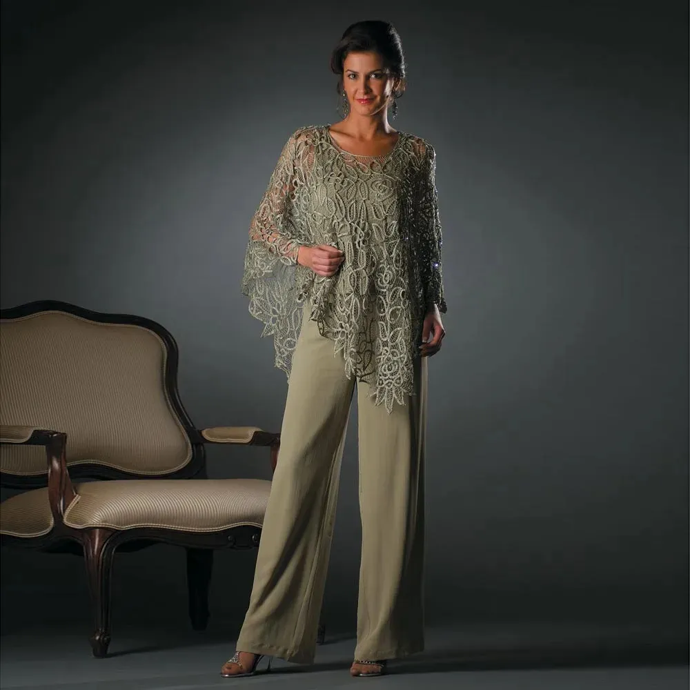 Costumes de pantalon de mères de dentelle de mode avec Wrap Scoop Neck robe d'invité de mariage trois pièces en mousseline de soie grande taille robes de mère de mariée