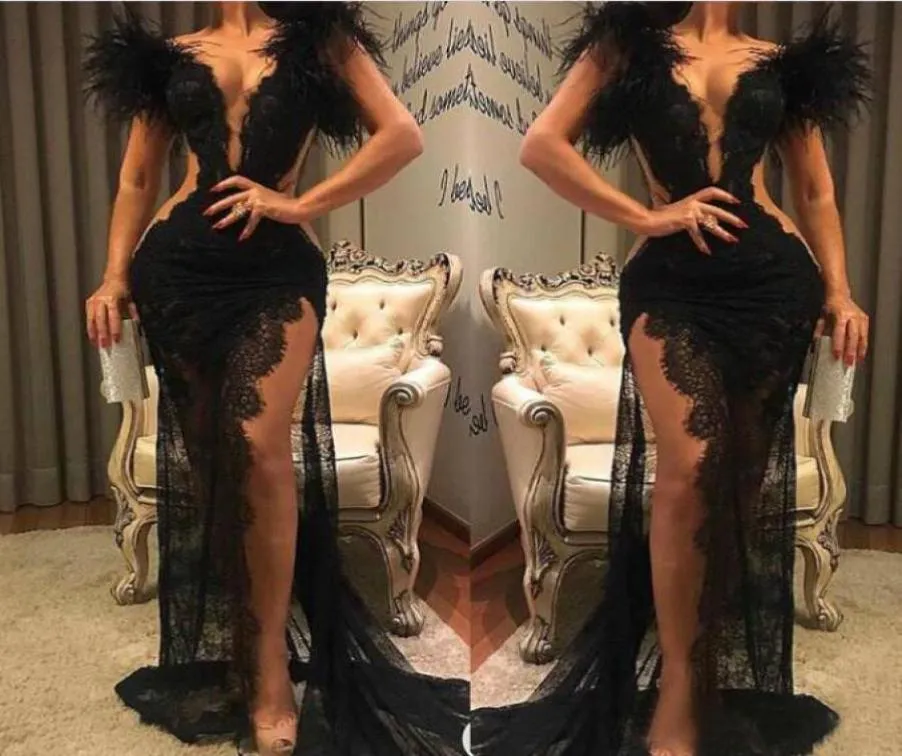 2020 Black Lace Prom Dress Split Presal Party Pageant Ware Gheath Feather Evening Dresses Sexy v Neck See Ton8091981