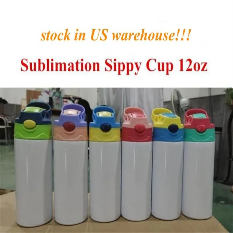Local Warehouse sublimation straight sippy cup 12oz kids watter bottle flip tops lids tumbler stainless steel straw cups good qual275O