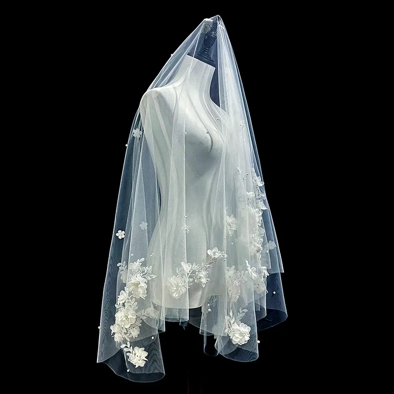 Velo da sposa con bordo in pizzo Velo corto da donna con pettine Velo da sposa con fiori 3D la chiesa Veu