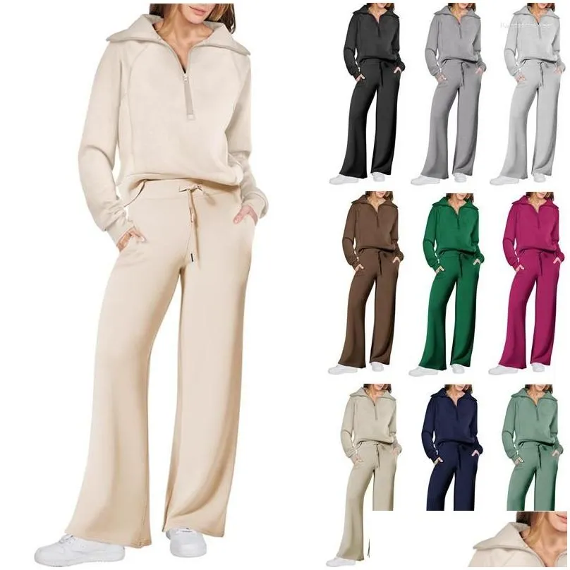 Women'S Two Piece Pants Womens Two Piece Pants Outfits Sweatsuit Set Quarter Zip Sweatshirt Wide Leg Sweatpant Women Petite Drop Deli Dhfzm