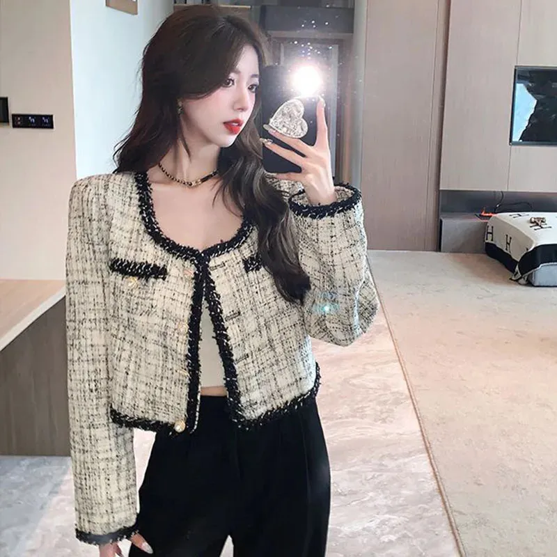 XPQBB Fashion Tweed Plaid Jackets för kvinnor Vintage Patchwork Woolen Croped Coats Ladies Elegant Korean Chic Short Outerwear 240307