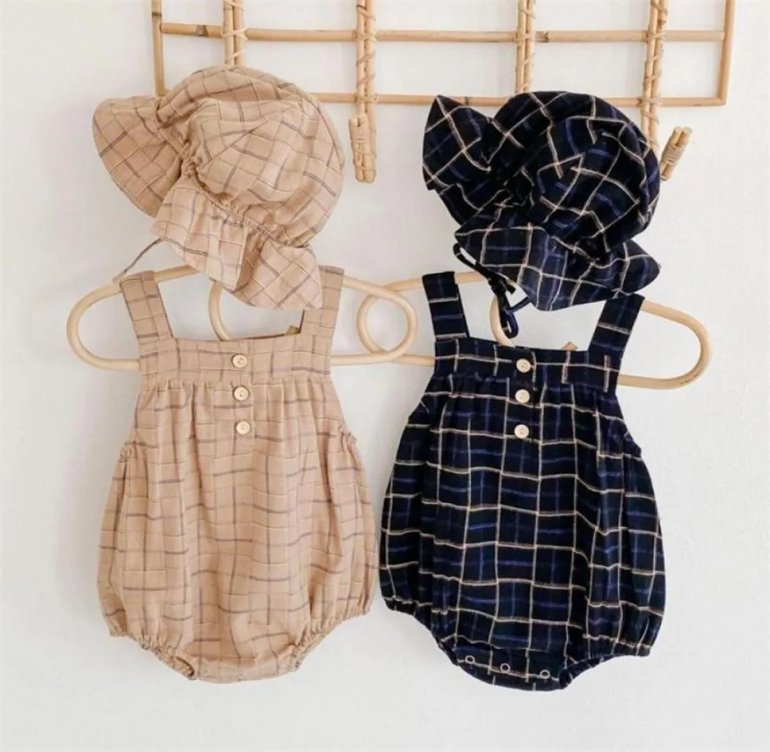 Infant Baby Girls Boys Bodysuits Plaid Print Sleeveless Autumn Casual Toddler Jumpsuits With Hat Kids Overalls Outfits 2012161485665