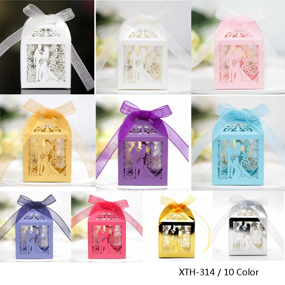 Bride Groom Hollow Ribbon Square Candy Chocolate Packaging Box for Wedding Baby Birthday Decor 2503