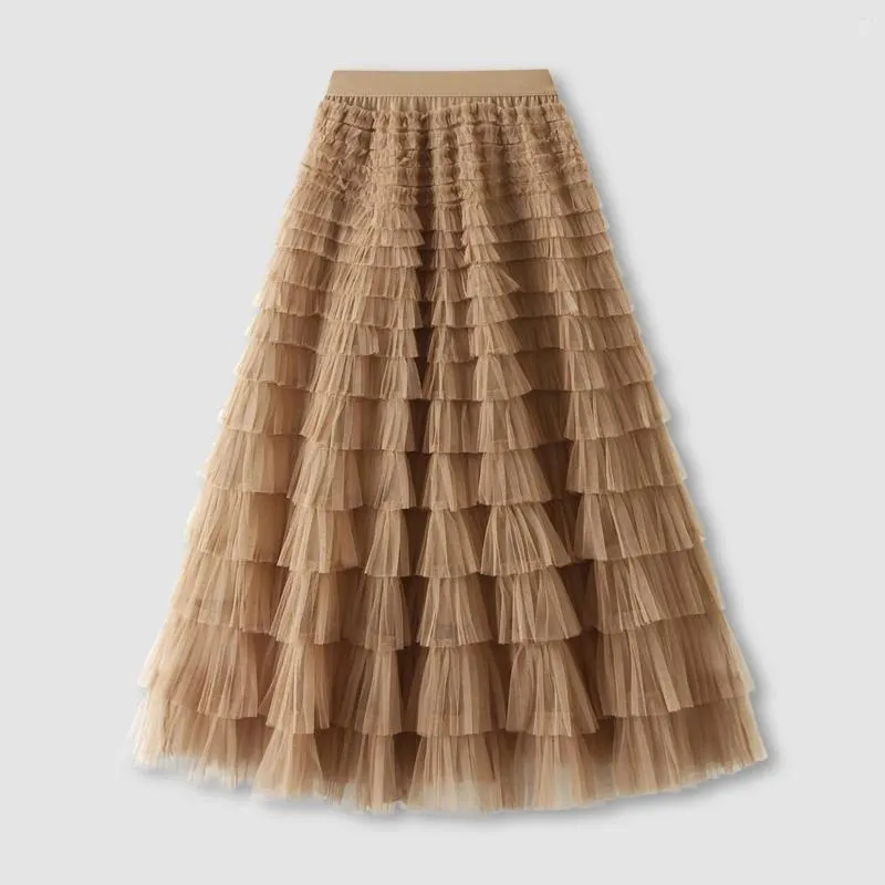 Rokken Dames A-lijn geplooide lange Tutu Ruffle Edge Mesh Vintage kuitlengte Chiffon hoog getailleerde effen kleur halve rok