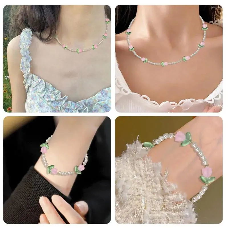 Choker Pearls Tulip Beaded Necklace French Elegant Womens Short Chain Necklaces Bracelet Banquet Collarbone Set Jewelry D9M2