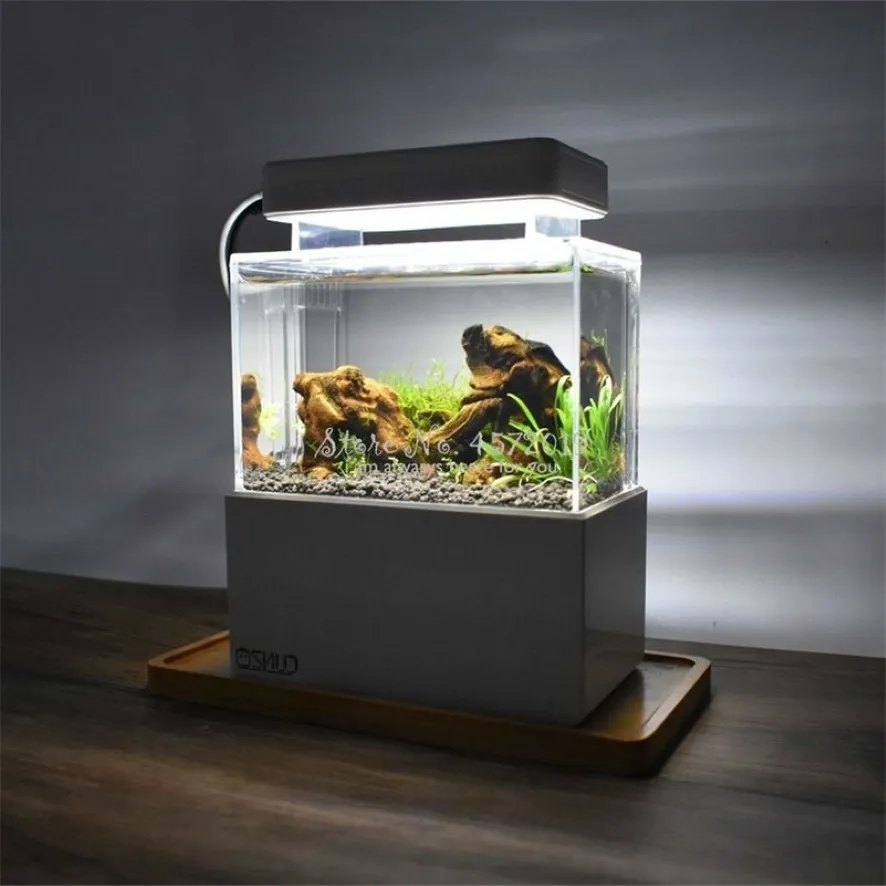 Uppgraderad plastbehållare LED -ljus skrivbordsfiskskål med vattenfiltrering Tyst luftpump Mini Aquarium Y200922240S