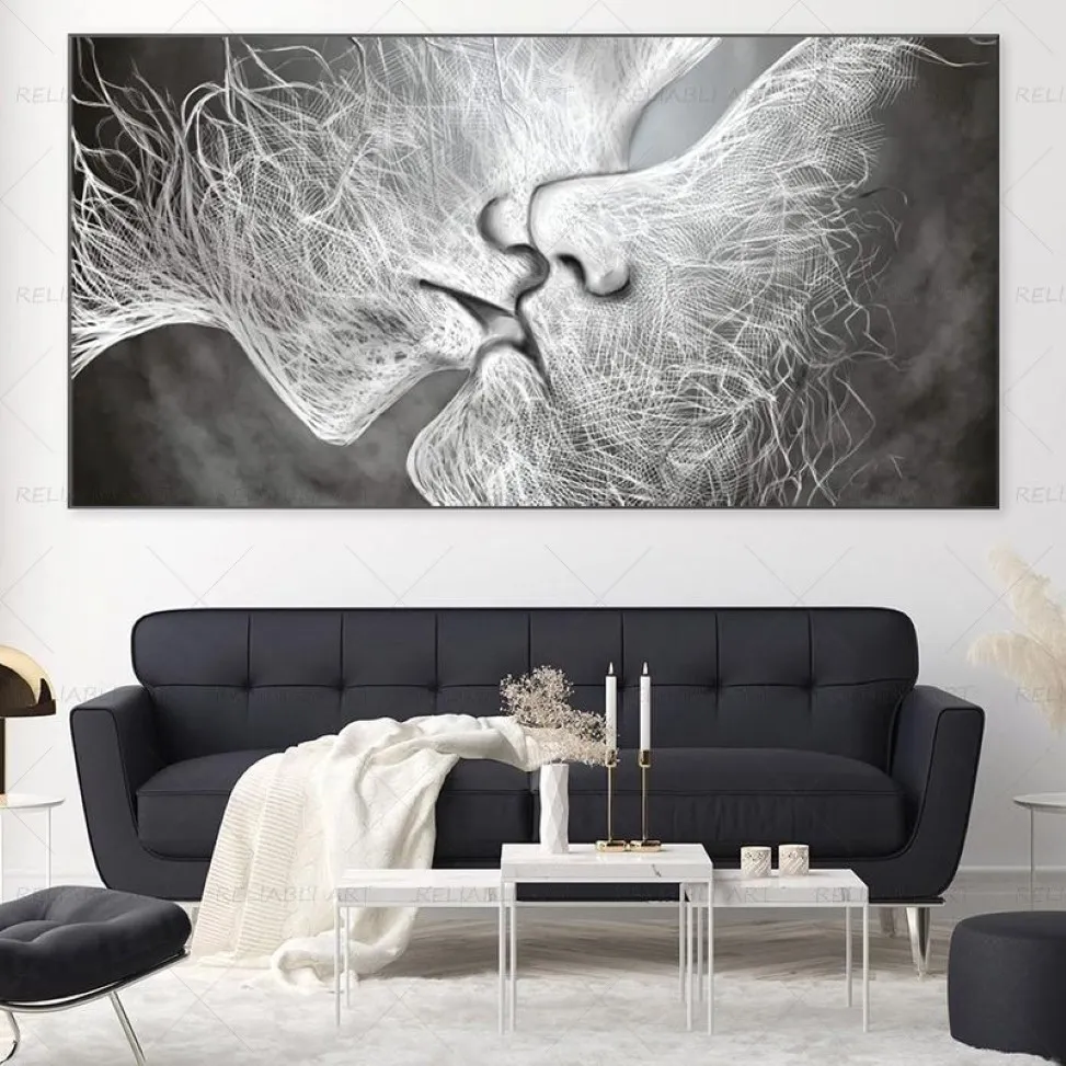 Affiches et imprimés de baiser abstraits en noir et blanc, peinture sur toile, images d'art murales pour salon, décoration de maison moderne Cuadros218E