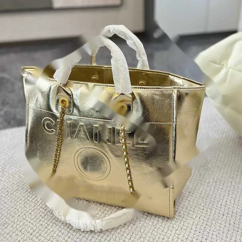 Sparkling Glitter Beach Tote Bag Chic Lambskin Leather Handbag with Chain  Detail, Large Capacity Designer Shopping Bag 38CM