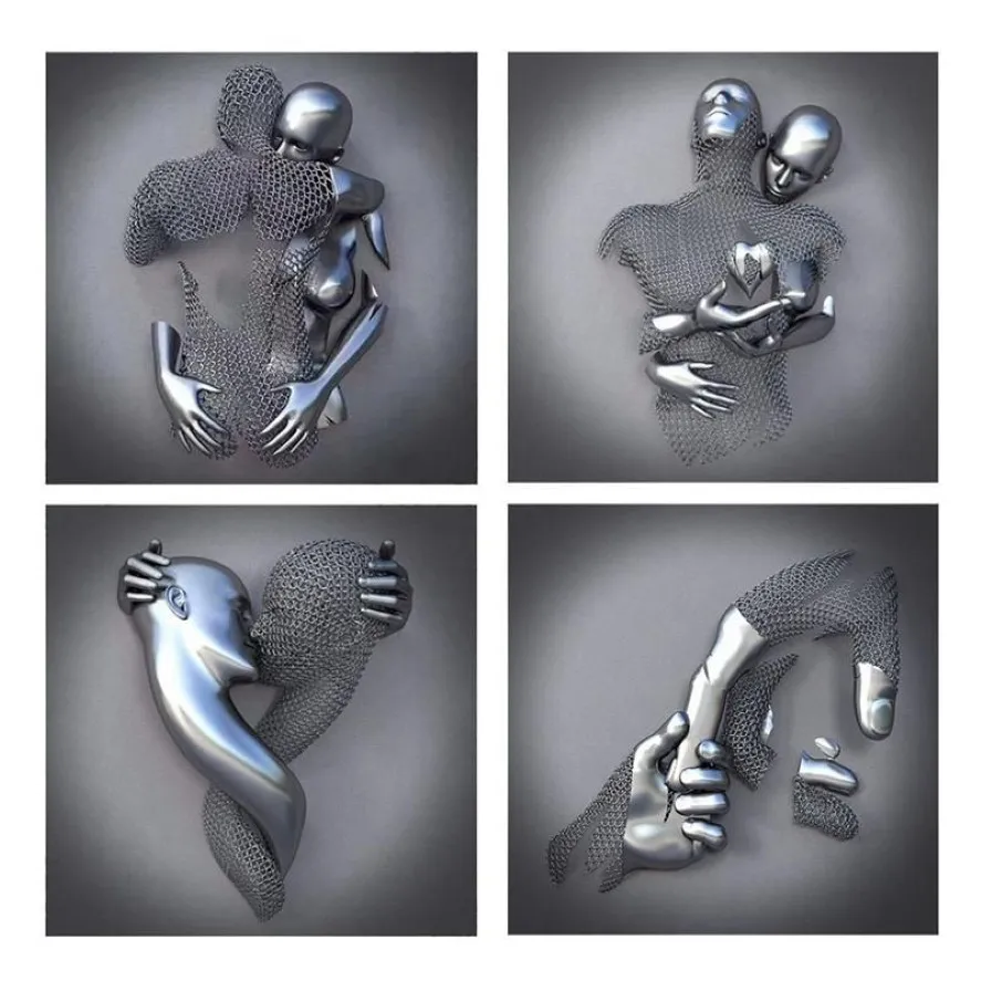 Obrazy Obrazy 4pcs Love Heart 3d Effect Art Art Abstract metalowa figurka Statua Art Malowanie na płótnie 19 7 cali nowoczesne dom Deco245J