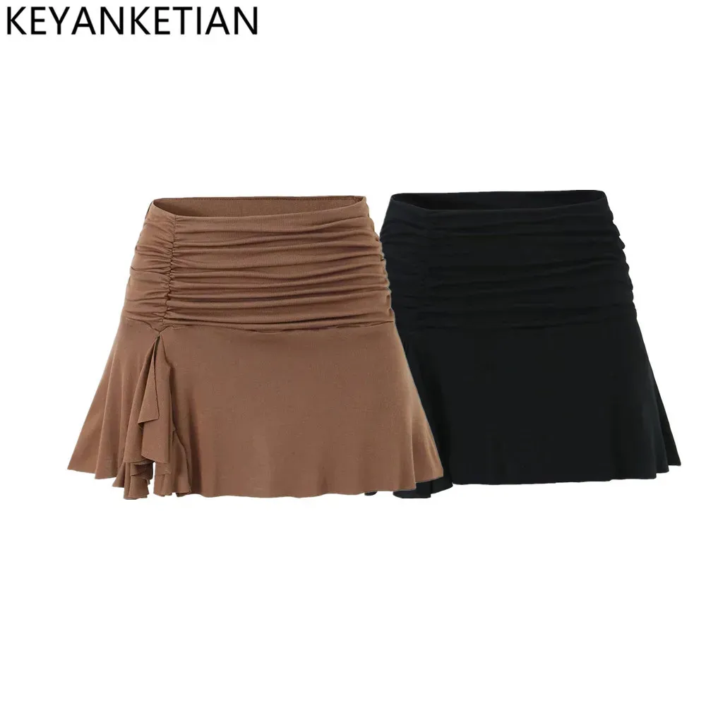 Keyankeian Summer Womens Pleated Design Tight Style High Fanny Pack Hip Jalf kjol Sweetheart Peplum Stretch mini kjol240311