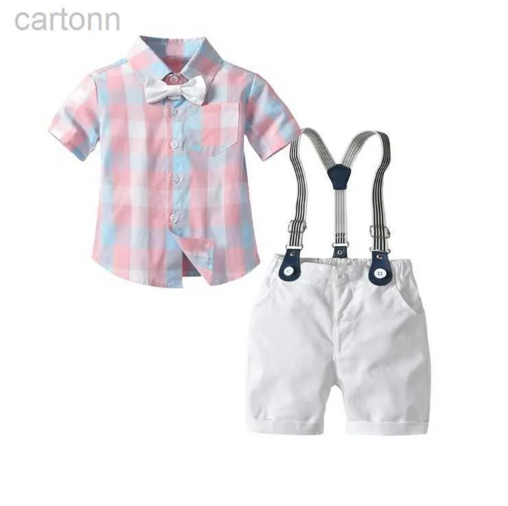 Set di abbigliamento Set di abbigliamento per neonati stile gentiluomo Camicia scozzese a maniche corte per bambini estivi con papillon + pantaloncini con bretelle Set Completo per bambini Abiti per bambini ldd240311