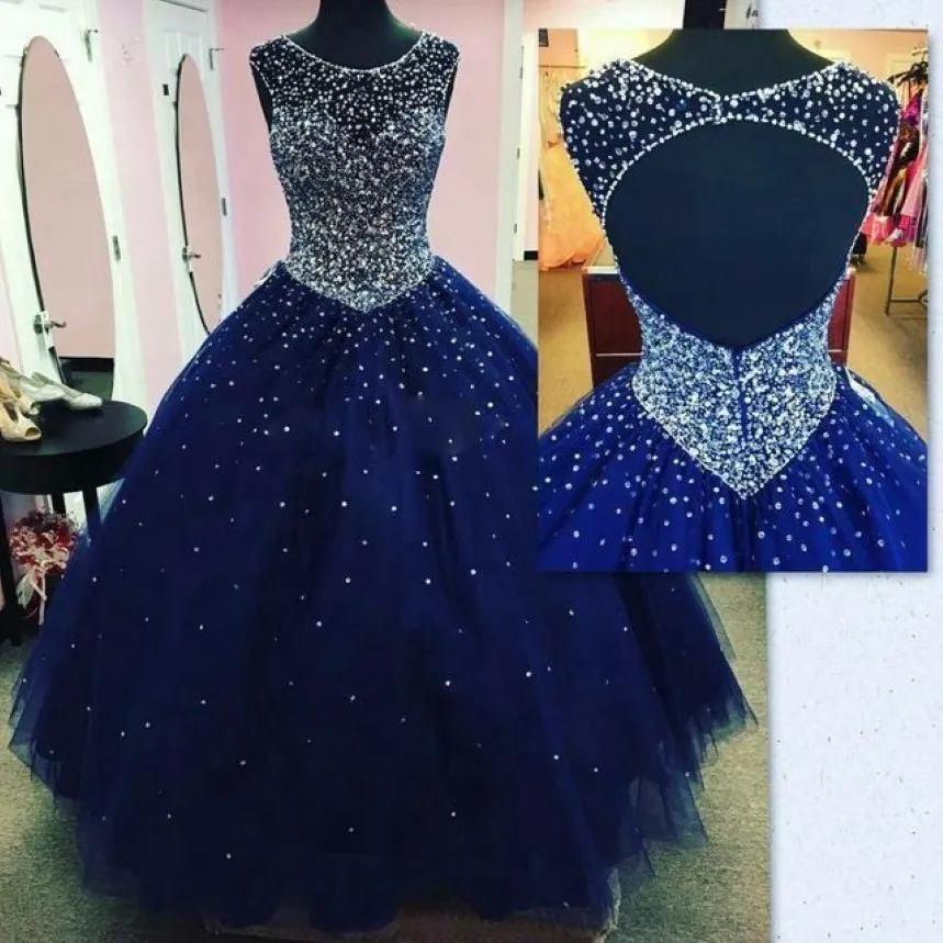 Robe de bal bleu foncé, robes de Quinceanera, mascarade, col transparent, dos nu, cristal scintillant, robes de concours pour doux 16268y, 2021