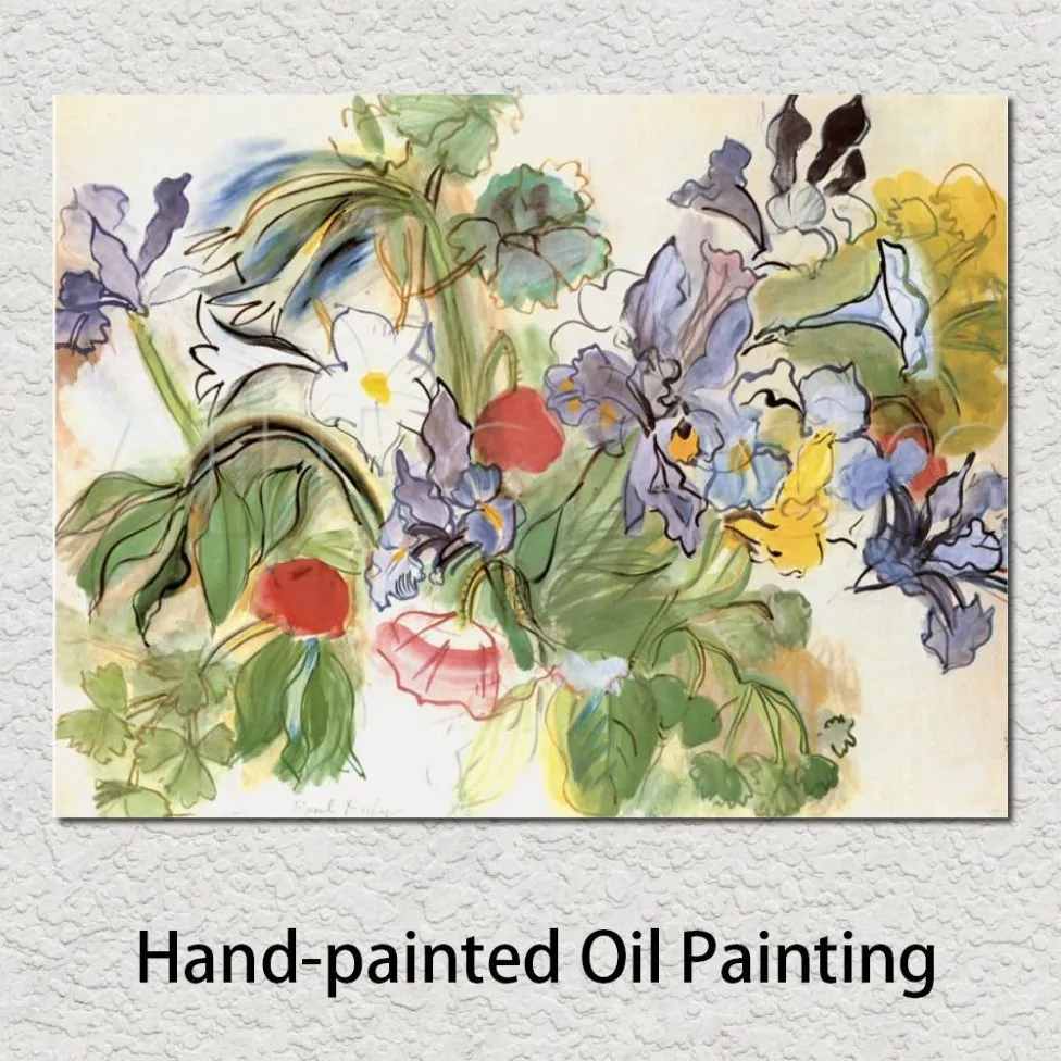 Moderne Blumenkunst Mohnblumen und Iris Raoul Dufy Ölgemälde auf Leinwand Hochwertiges handgemaltes Leinenbild für Wohnzimmerdekoration285r