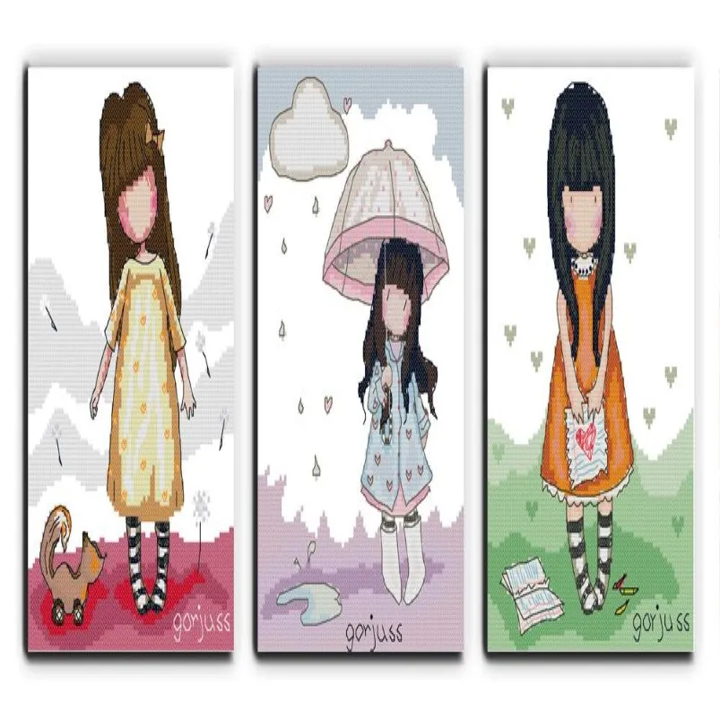 Triple adorabili ragazze decorazioni per la casa pittura Ricamo a punto croce fatto a mano Set cucito contati stampa su tela DMC 14CT 11CT263J