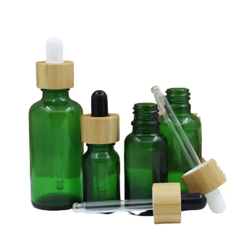 Clear Green Glass Dropper Bottle Bamboo Woode Lid 5ml 10ml 15ml 20ml 30ml 50ml 100ml Cosmetic Packaging Refillable Container Empty Essential Oil Vials