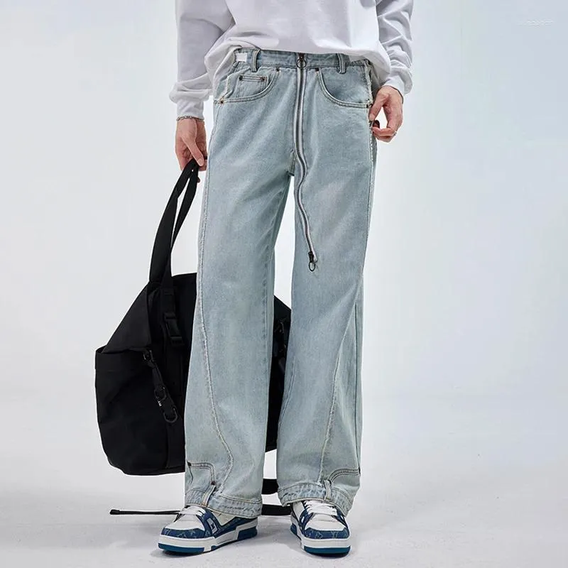 Calças de brim masculinas com zíper micro flared homens streetwear moda hip hop solto casual calças jeans retas homem plus size calças