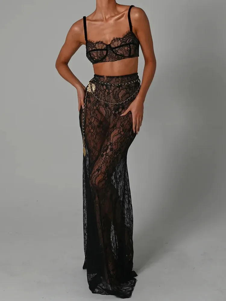 Mozision See Through Lace Tweedelige Roksets Vrouwen Crop Top En Maxi Rok Sets Elegant Party Beach Sexy Tweedelige Set 240309