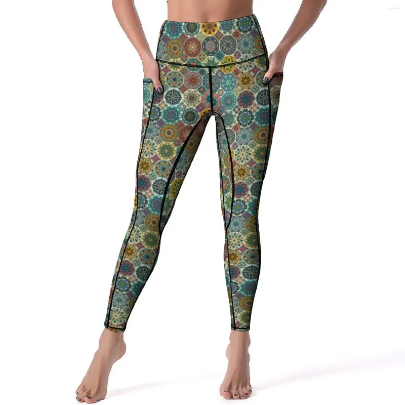 Kadın Taytlar Vintage Floral Baskı Yoga Pantolon Cepleri Özet Kiremit Push Up Nefes Alabaş Spor Taytları Hızlı Dry Fitness Leggins