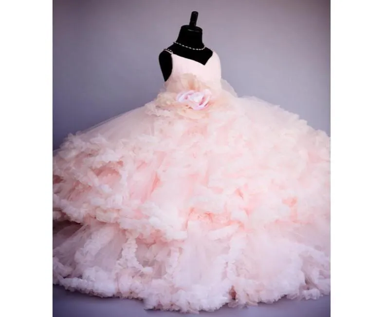 2022 Конкурсные платья для девочек Румяно-розовые бальные платья с рюшами на бретелях Тюлевое платье с цветочным узором для девочек с открытой спиной для подростков Пышное первое причастие 4939504