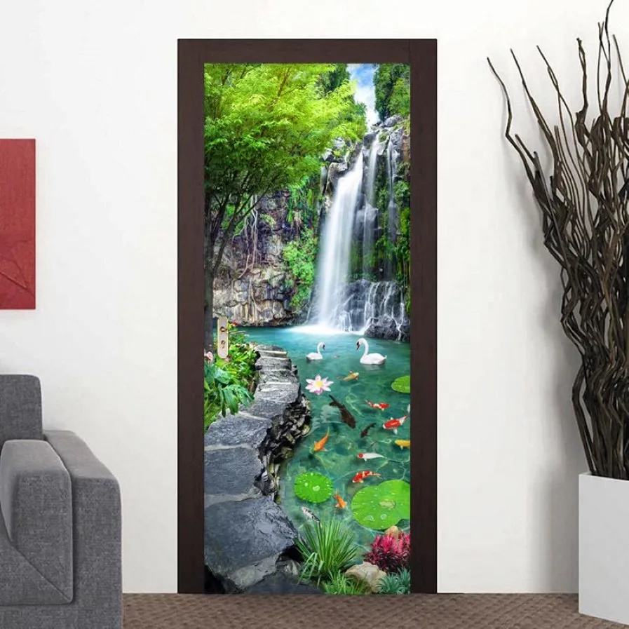 Chinese Style Waterfall Landscape Po Mural Wallpaper 3D Home Decor Living Room Kitchen Door Sticker PVC Self-Adhesive Sticker 2314U