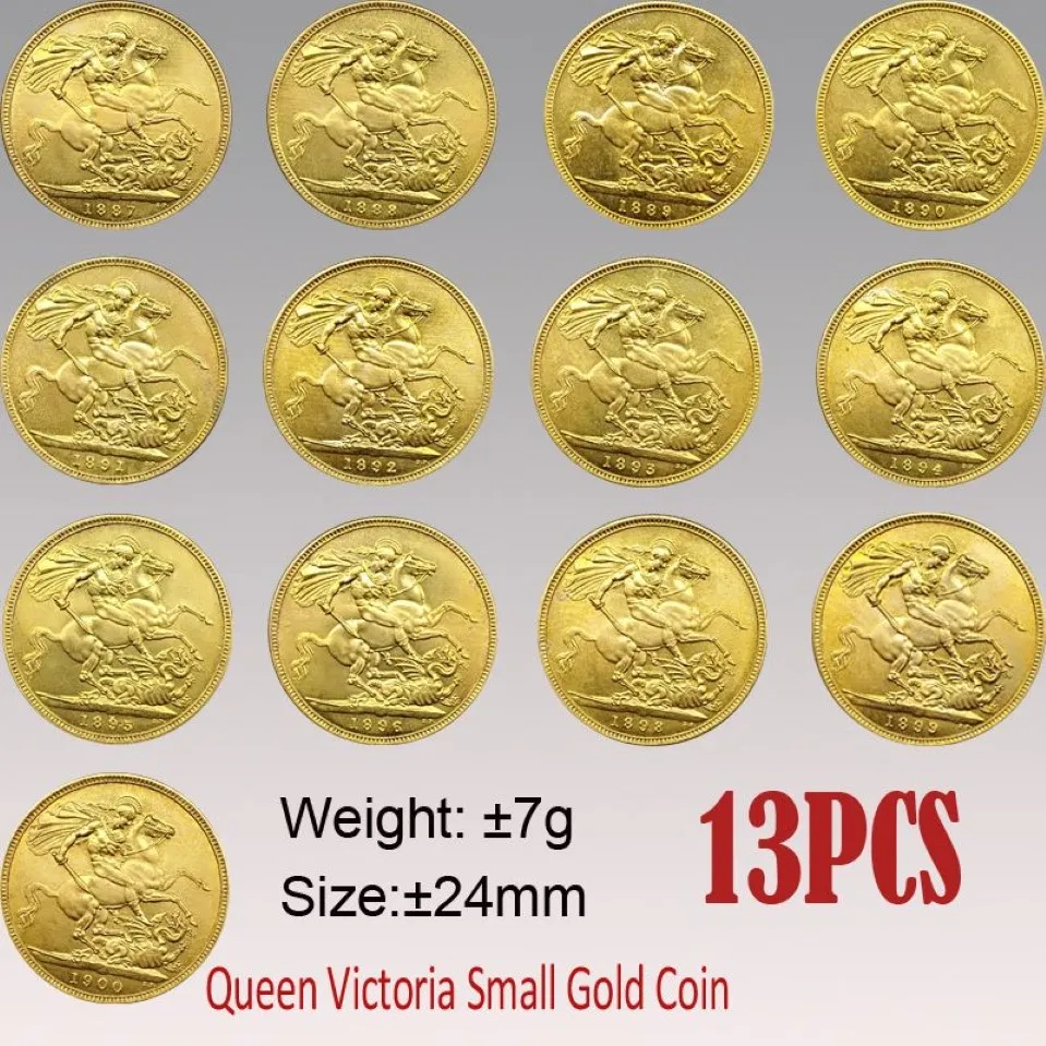 13 Stück britische Victoria-Sovereign-Münze 1887–1900, 24 mm, kleine Goldkopie, Münzen, Kunst-Sammlerstücke, 287 g