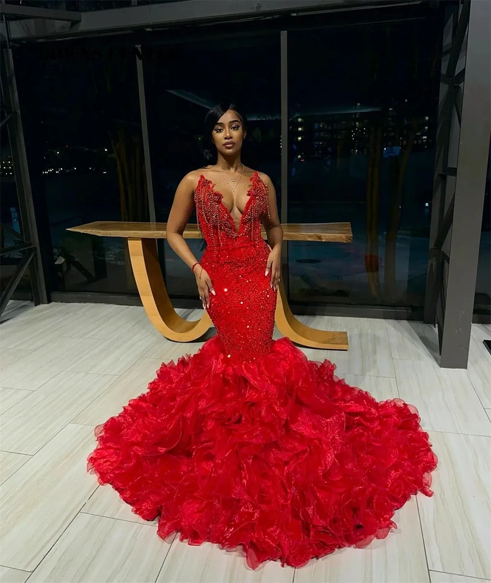 Hand Make Crystal Tassels Red Sweetheart Prom Black Girls Baddie Dresses For Birthday African Vestidos De Gala