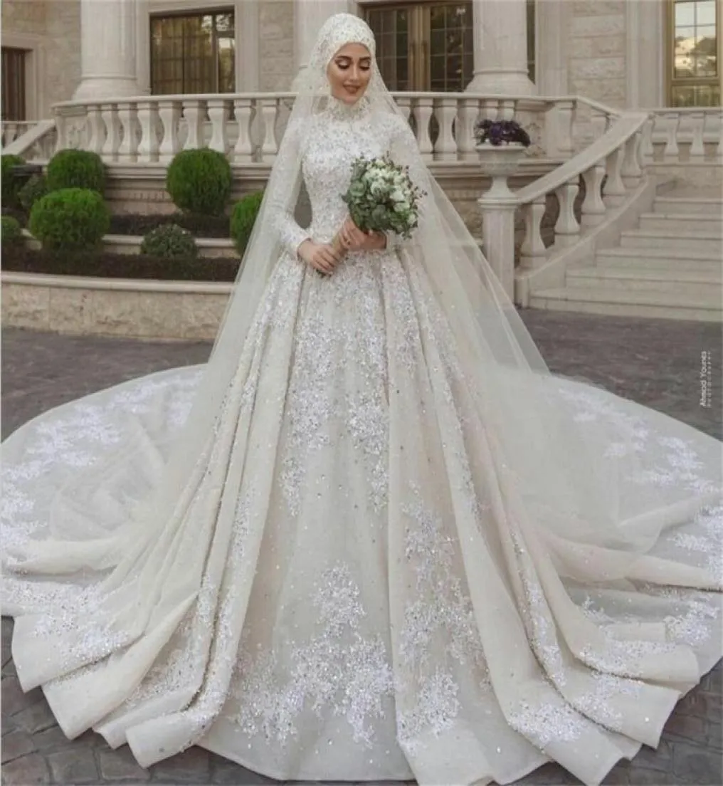 Abiti da sposa musulmani di lusso collo alto in pizzo maniche lunghe paillettes perline abito da sposa applicato con velo abiti su misura De 5868281