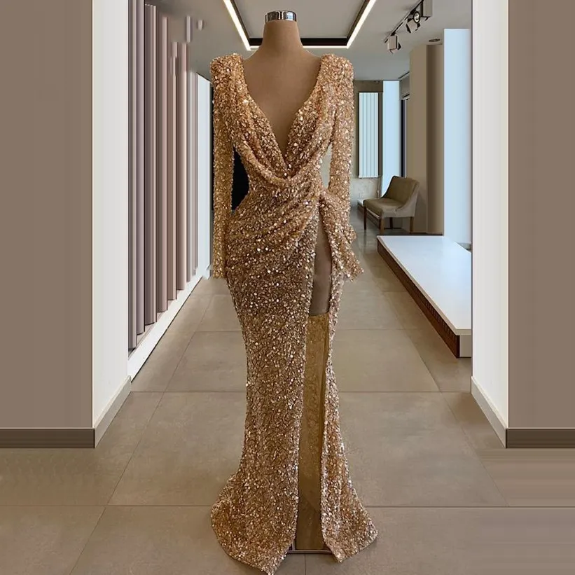 Gold Shiny Sequined Beaded Women Evening Dresses 2020 Middle East Chic Formal Prom Gown Deep V Neck Party Dresses Custom Made301T