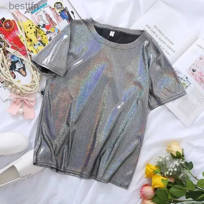 T-shirt Femme S-5XL Femmes Sparkly Brillant Métallisé Holographique Col Rond Court Sle Casual Loose Top Festival Party Tee Shirt Fe Vêtements 240311