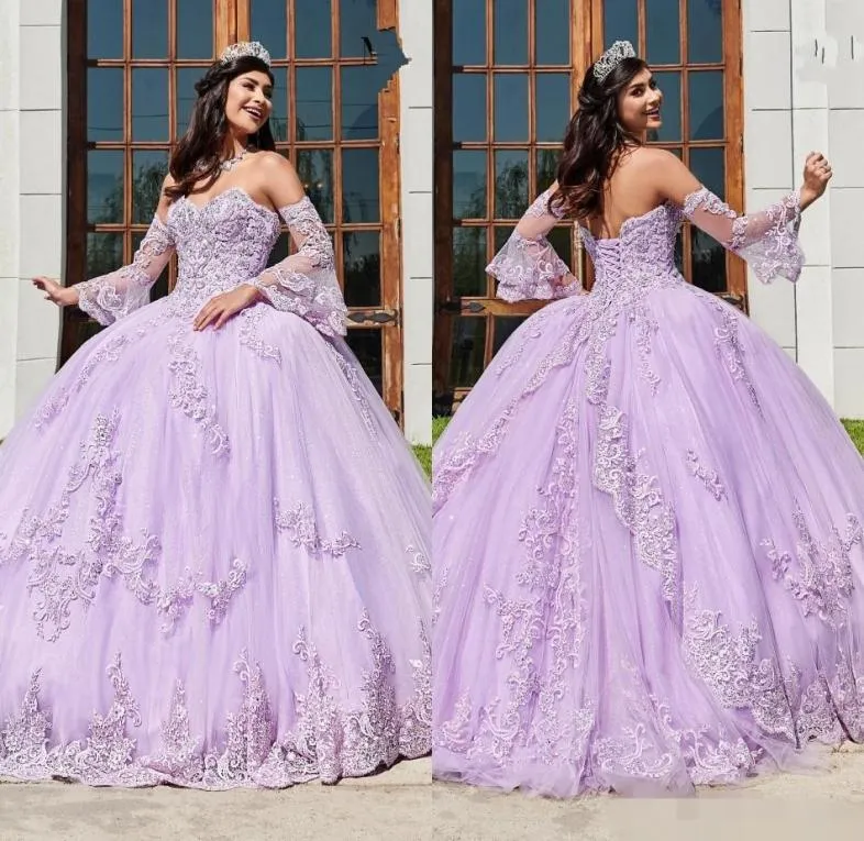 2020 Nouveau Lilas Quinceanera Robes Chérie Dentelle Applique Corset Retour Tulle Satin Pageant Longues Manches Juliette Doux 16 Fête Bal6664394