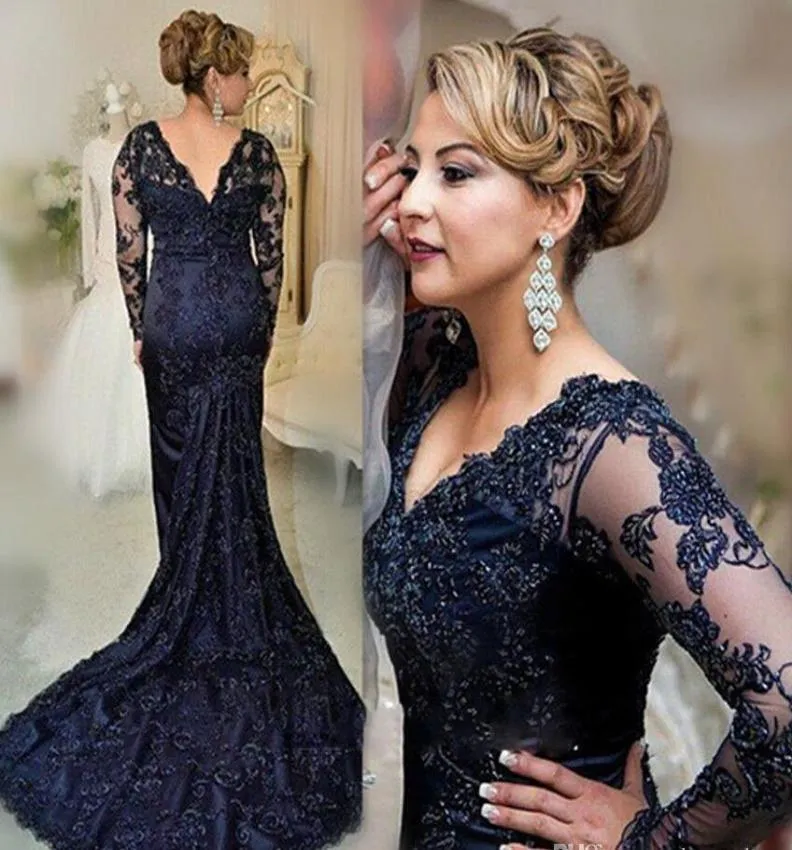 Long Sleeves Navy Blue Evening Dress Mermaid Applique Lace Women Lady Wear Prom Party Dress Formal Event Gown Mother Of The Bride 9753626