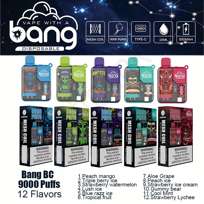 100pcs bang BC 9000 Disposable Vape Pen E Cigarette 550mAh Batterie rechargeable 16 ml Pod Mesh Coil Vaper Vapes