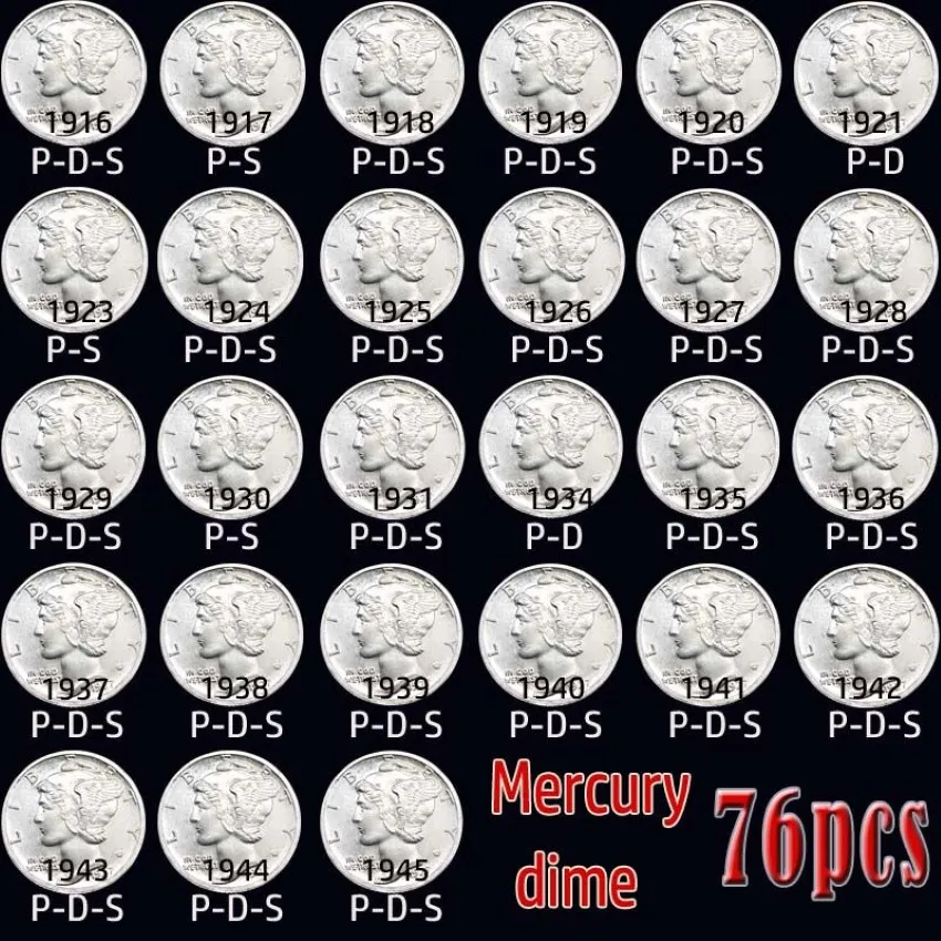 76pcs USA Coins 1916-1945 Mercury Copy Coins 밝은 연령대의 은도금 세트 2391