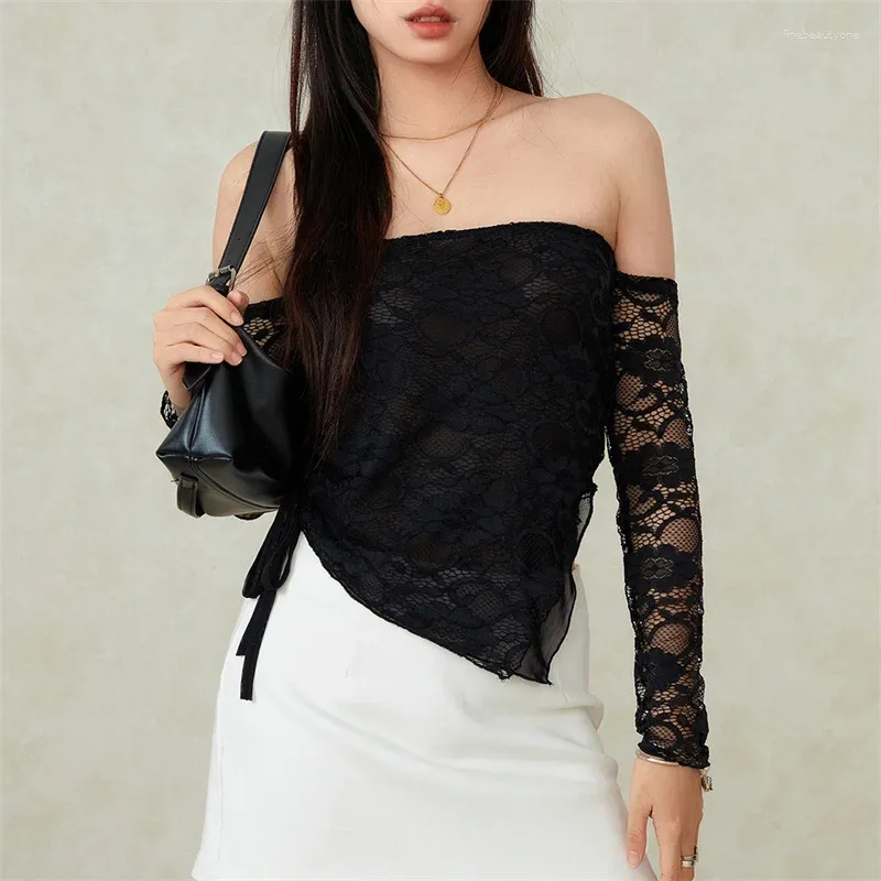 Mulheres camisetas Xingqing Alças Lace Top Elegante Mulheres Sheer Ver através de Manga Longa Assimétrica Hem Camisa Y2K Roupas Festa