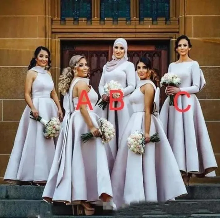 2022 cinza decote exclusivo grande arco vestidos de dama de honra chá comprimento cetim plus size festa vestido de baile africano vestido de convidado de casamento eveni9751602