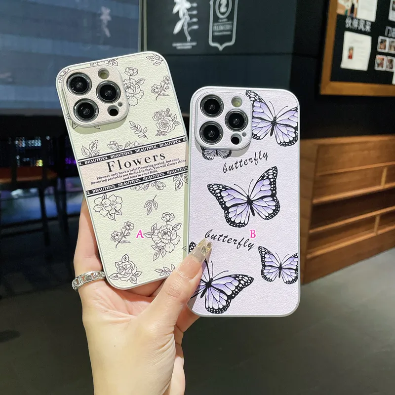 Étuis de papillon de fleurs de mode pour iPhone 15 Plus 14 Pro Max 13 12 11 Iphone15 élégant rose floral dur PC plastique souple TPU PU cuir téléphone couverture arrière peau