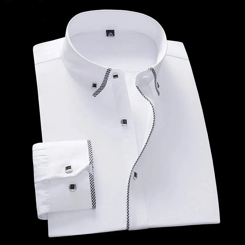 남성용 흰색 셔츠 롱 슬리브 비즈니스 캐주얼 한 단색 카미사 남성 드레스 셔츠 남성 슬림 핏 속옷 5xl 6xl 7xl 240305
