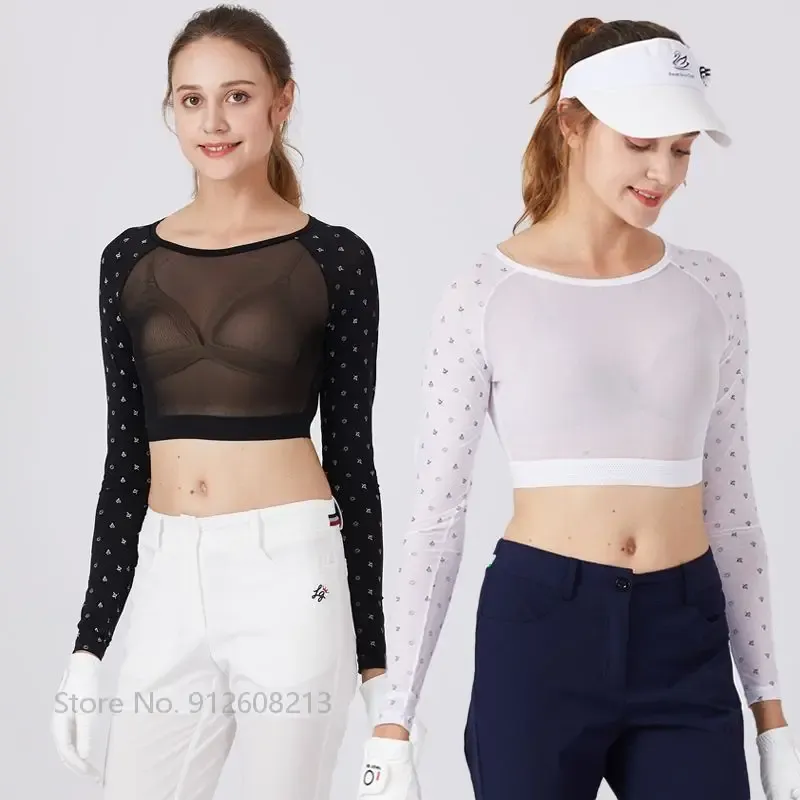 Polos Swan Love Golf Roupas Mulheres Impresso Camisa de Manga Longa Senhoras Protetor Solar Gelo Seda Golf Colheita Tops AntiUV Elástico Esportes Camisetas