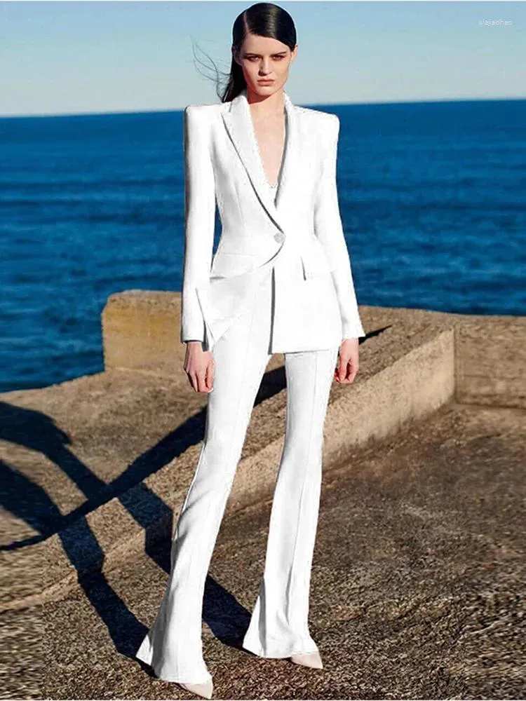 Women's Two Piece Pants HIGH QUALITY Est 2024 Runway Designer Set Career Fashion Single Button Blazer Flare Suit