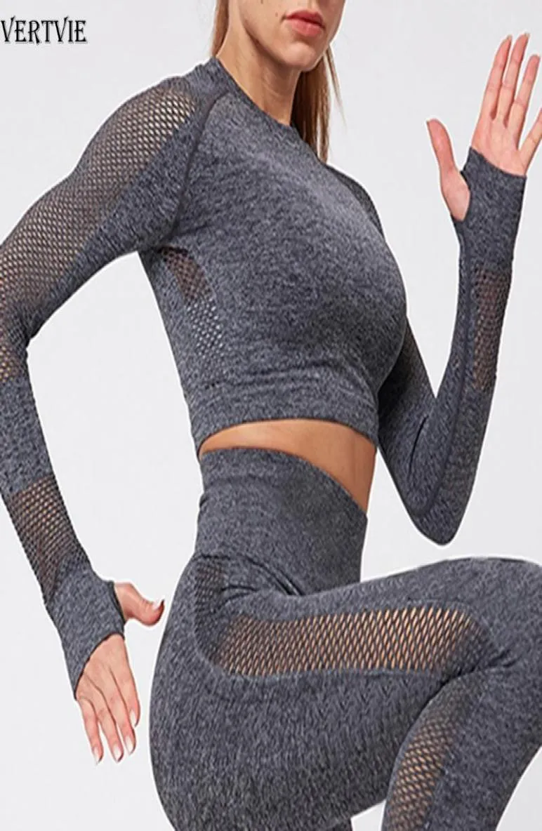 VERTVIE – ensemble de Yoga côtelé sans couture pour femmes, tenue de gymnastique, Leggings de Fitness, chemises courtes, costume de Sport pour femmes, survêtement à manches longues, vêtements actifs 1160563