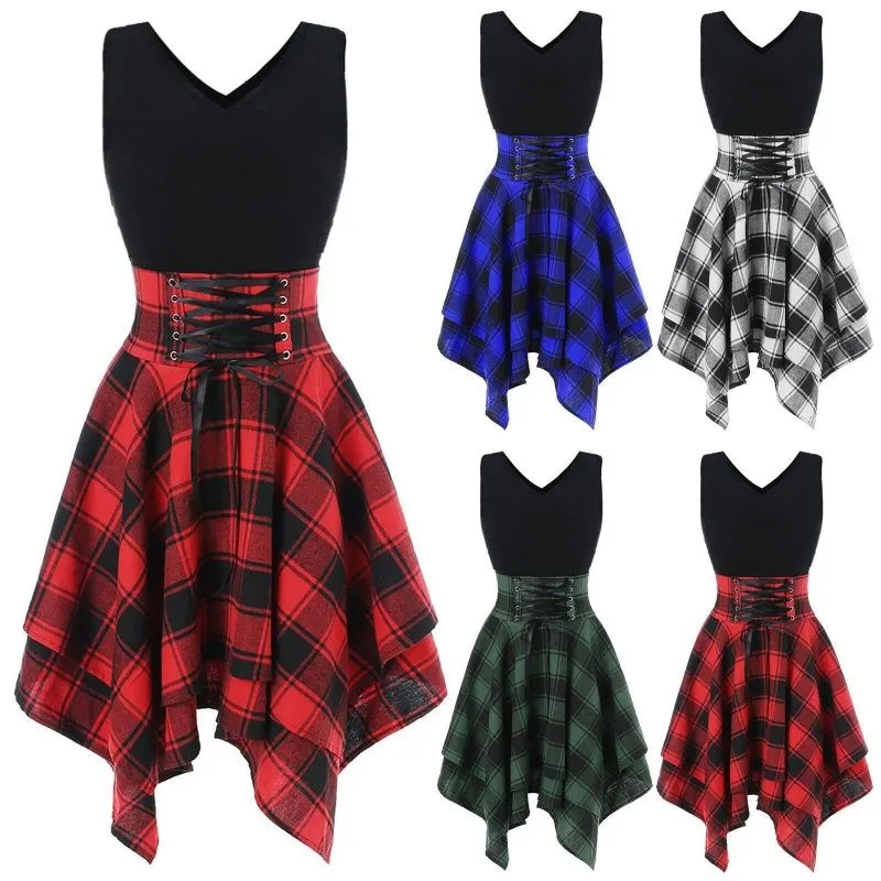 Summer Designer Women Abite per plaid Vintage Patchwork Lace Up Abito senza maniche Abito irregolare Femminina Vestidos