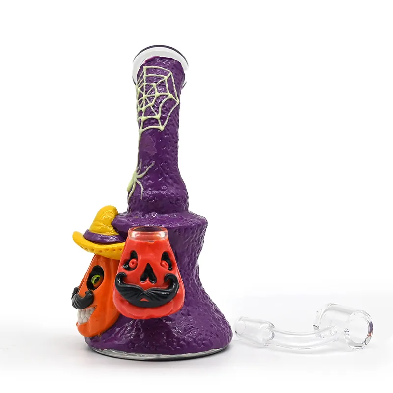 7in,Glass Bubbler With Fixed Diffuser Downstem Water Pipe Bongs,Halloween Style Glass Hookah,Hand Painted Polymer Clay With Glow In Dark,Glass Hookah