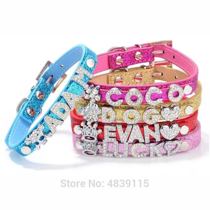 10pcslot Glittered PU Leather Pet Dog Collars with Slide Bar Suitable for 10mm Letters&Charms 201030239m