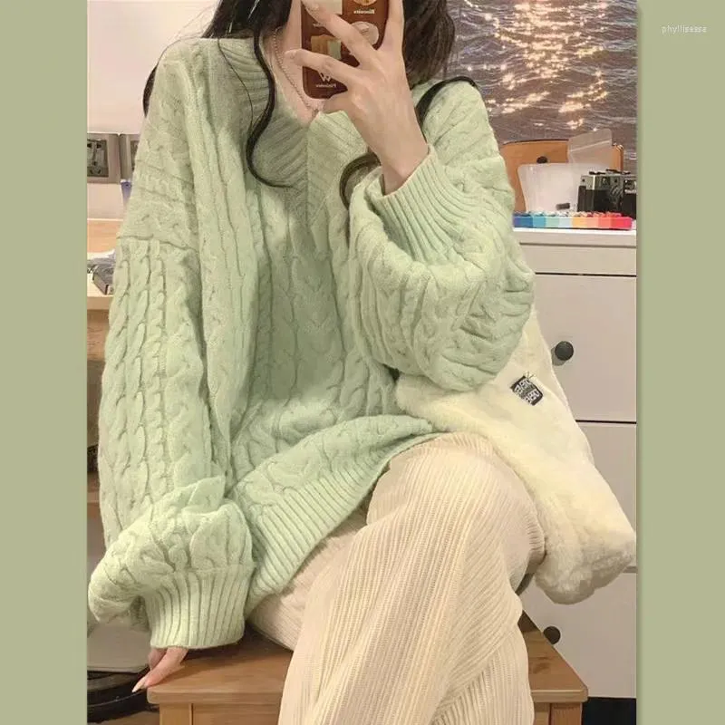 Swetery kobiet sezon 2024 Twist Green Sweater Kobieta luźna i leniwa styl design sens nisza retro vholet