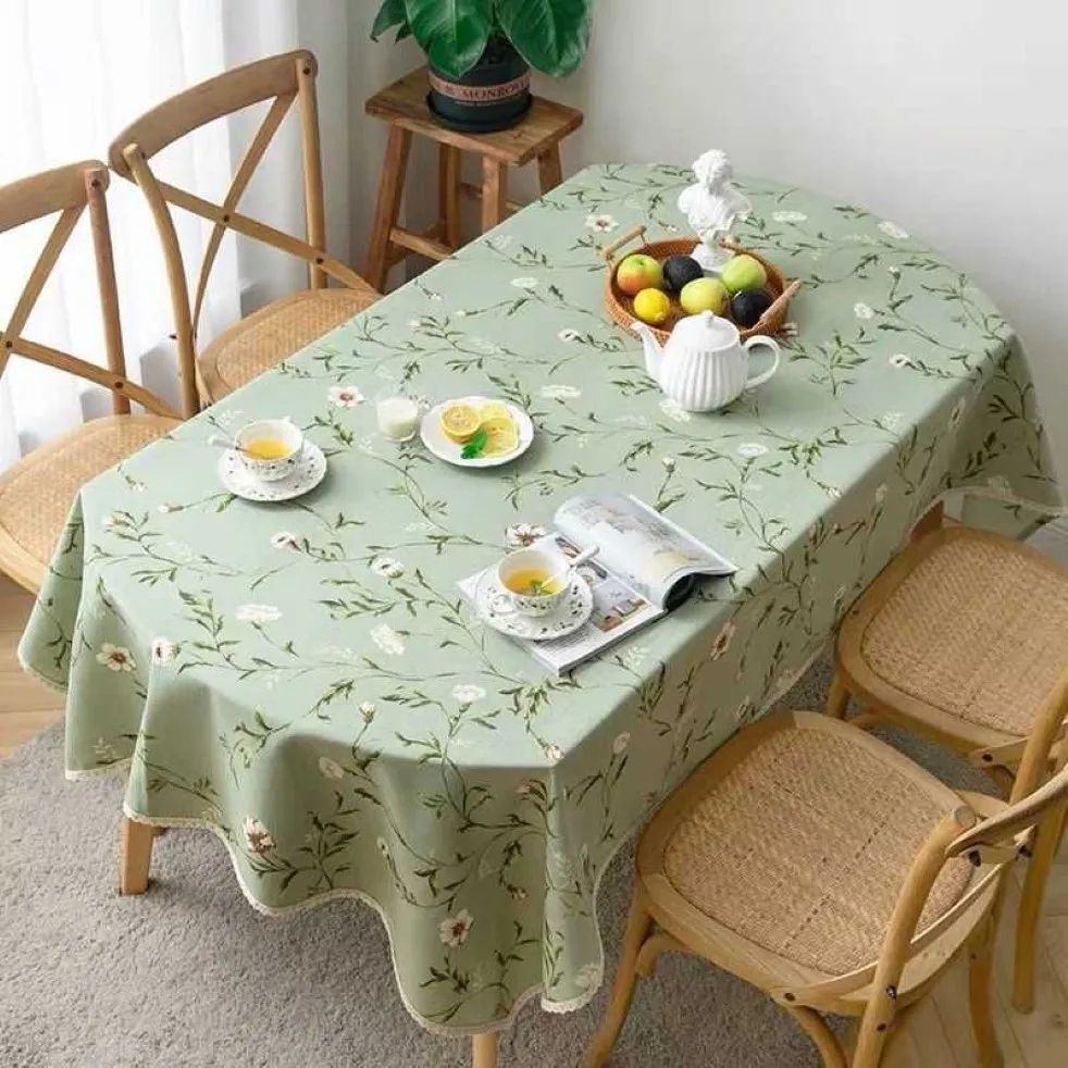 Modern Printed Flowers Oval Dining Tablecloth Cotton Linen Coffee Tea Table Cloth Cover With Lace For Home Outdoor Decoration 2106251r
