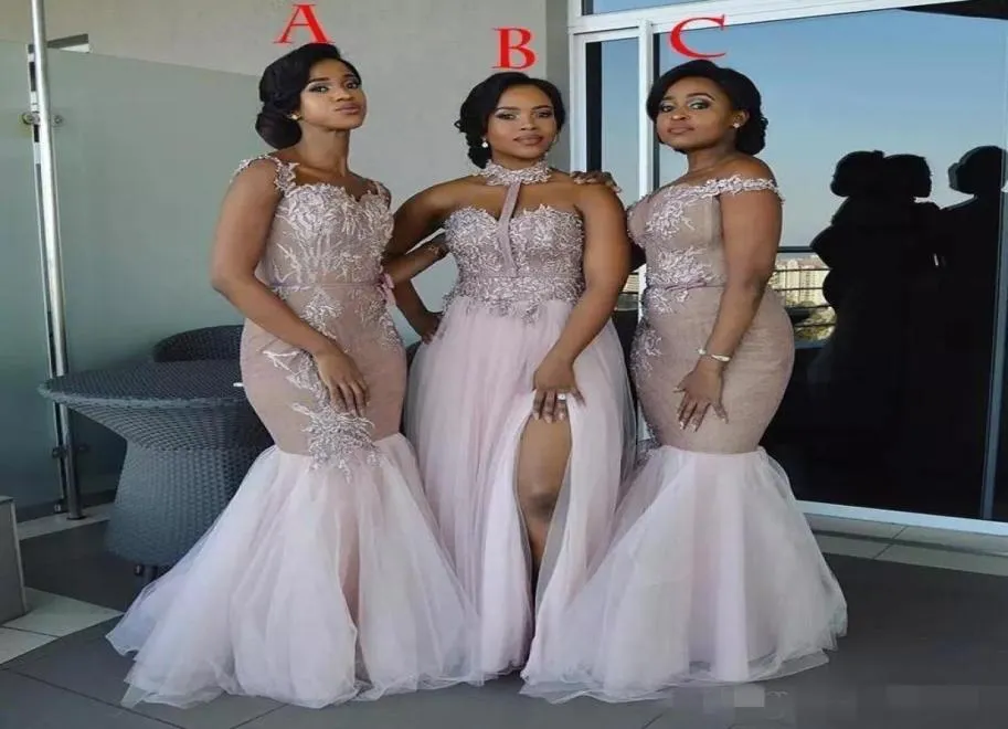 2019 Modest Africano Longo Vestidos de Dama de Honra Halter Tulle Lace Applique Tulle Side Split Sereia Correias Plus Size Prom Party Vestidos9538650
