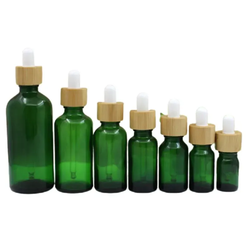 Clear Green Glass Dropper Bottle Bamboo Woode Lid 5ml 10ml 15ml 20ml 30ml 50ml 100ml Cosmetic Packaging Refillable Container Empty Essential Oil Vials