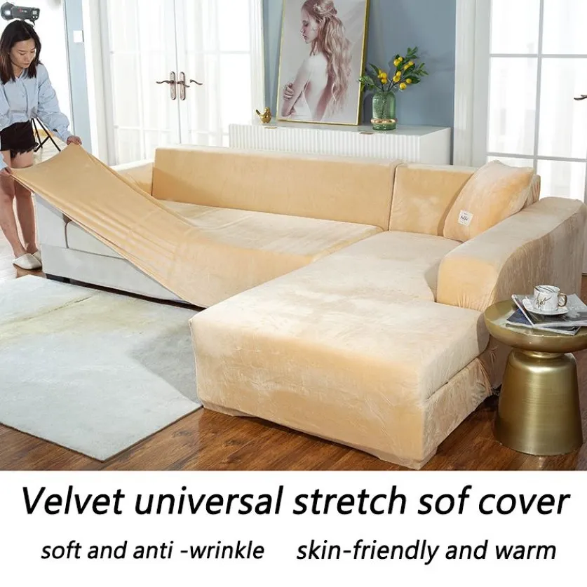 Velvet Plush L -formad soffa täckning för vardagsrum elastiska möbler soffa slipcover chaise longue hörn soffa täcker stretch246b