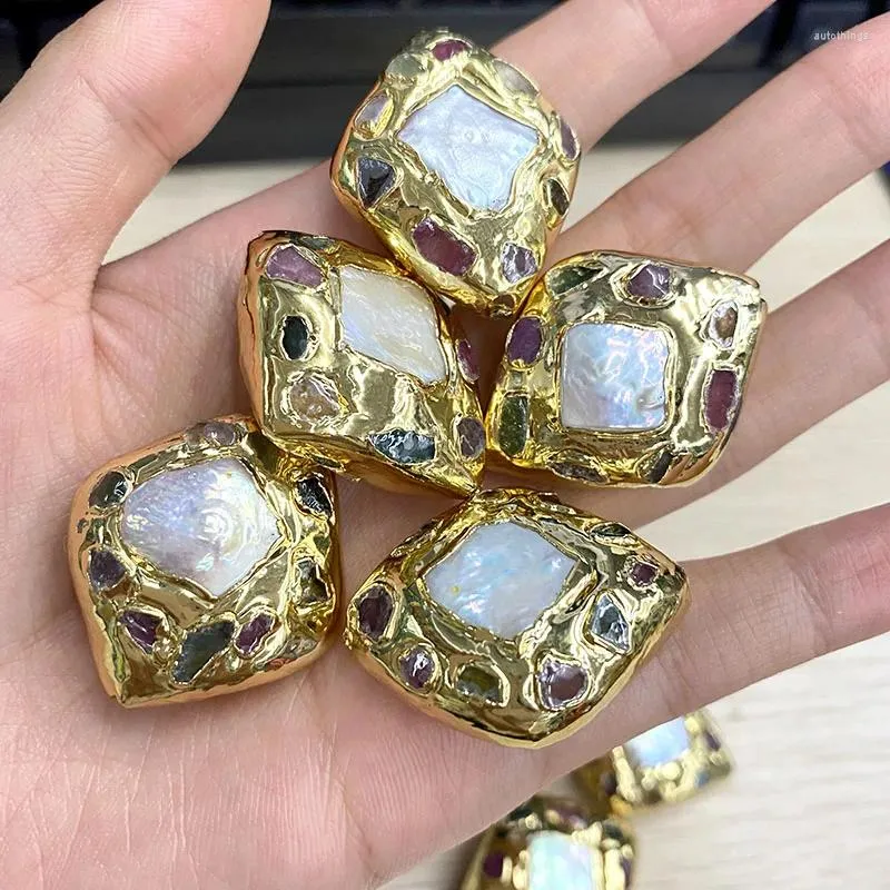 Loose Gemstones 5pcs/lot 25x32mm Big Size Square Shape Keshi Pearl Beads Gold Plated For DIY Necklace Bracelet